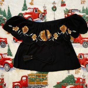 Xhilaration‎ Black w/Floral Details Off the Shoulder Blouse